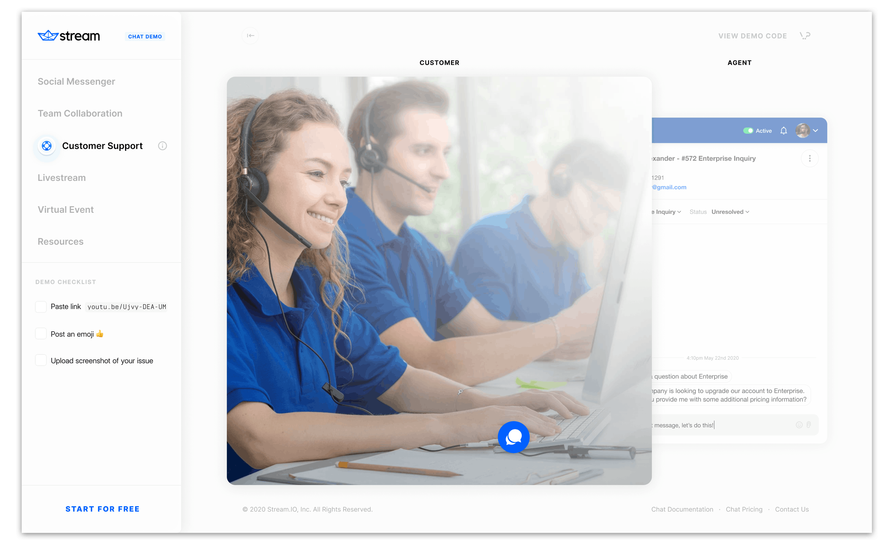3 live chat agents with headsets and blue polo shirts with a support chat ui screenshot behind them
