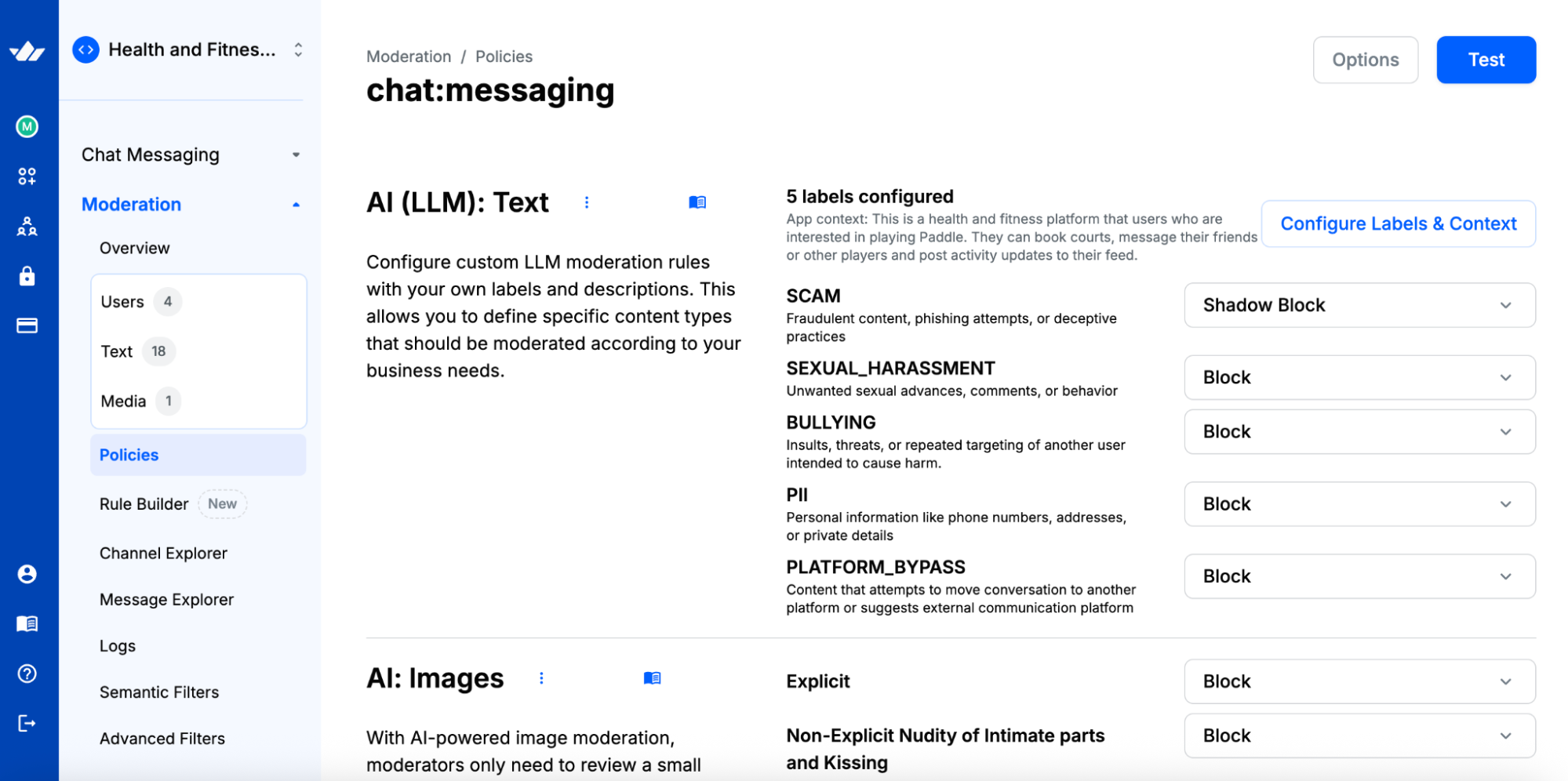 The AI (LLM) Text Moderation section of Stream's Moderation dashboard