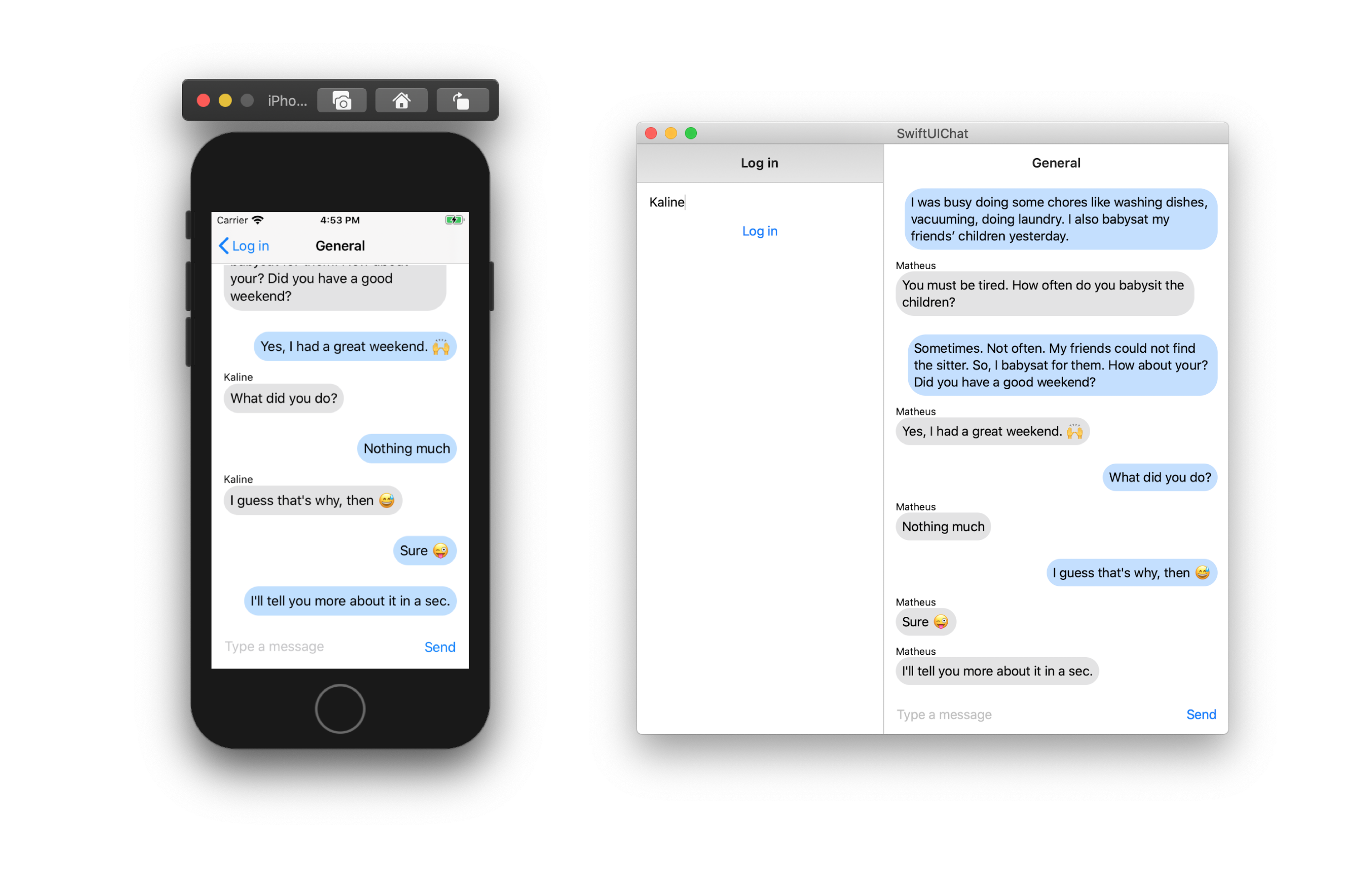 Screenshot shows a chat between two users running on an iPhone simulator and macOS