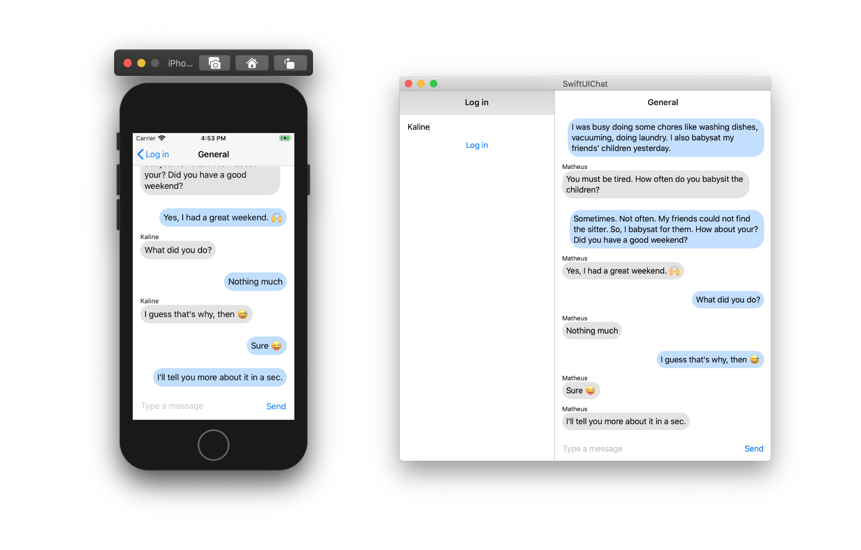 Screenshot shows a chat between two users running on an iPhone simulator and macOS