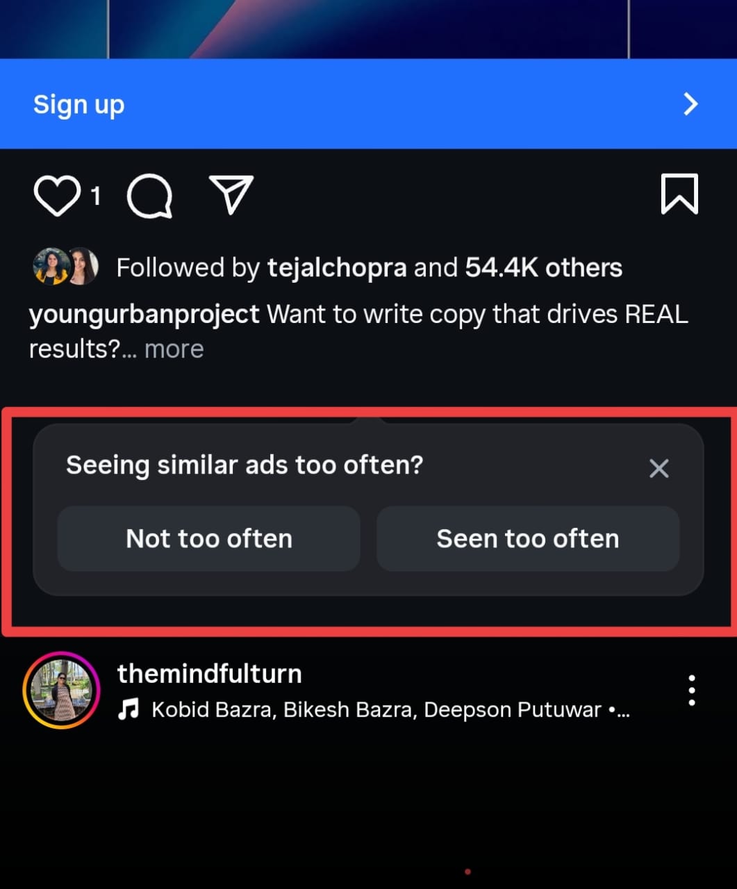 Instagram asking if a user sees similar ads too often