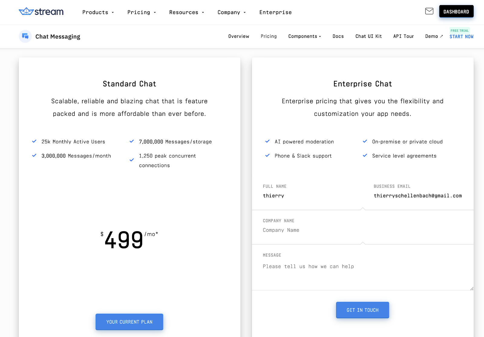 Stream's white label chat api pricing