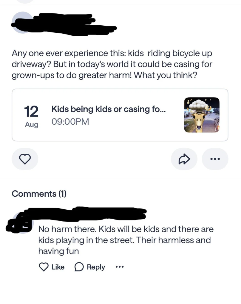 Screenshot of post on safety thread on Nextdoor app