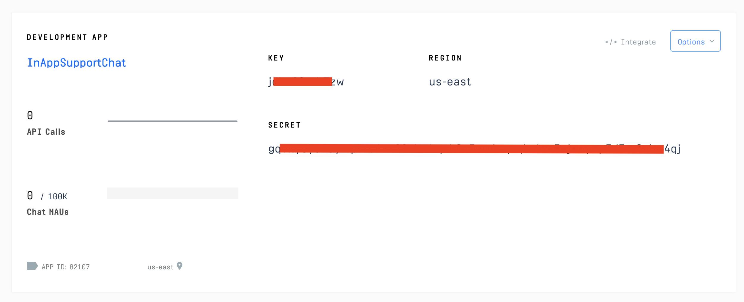 Image shows a Stream application with the API Key and Secret in the Stream Dashboard