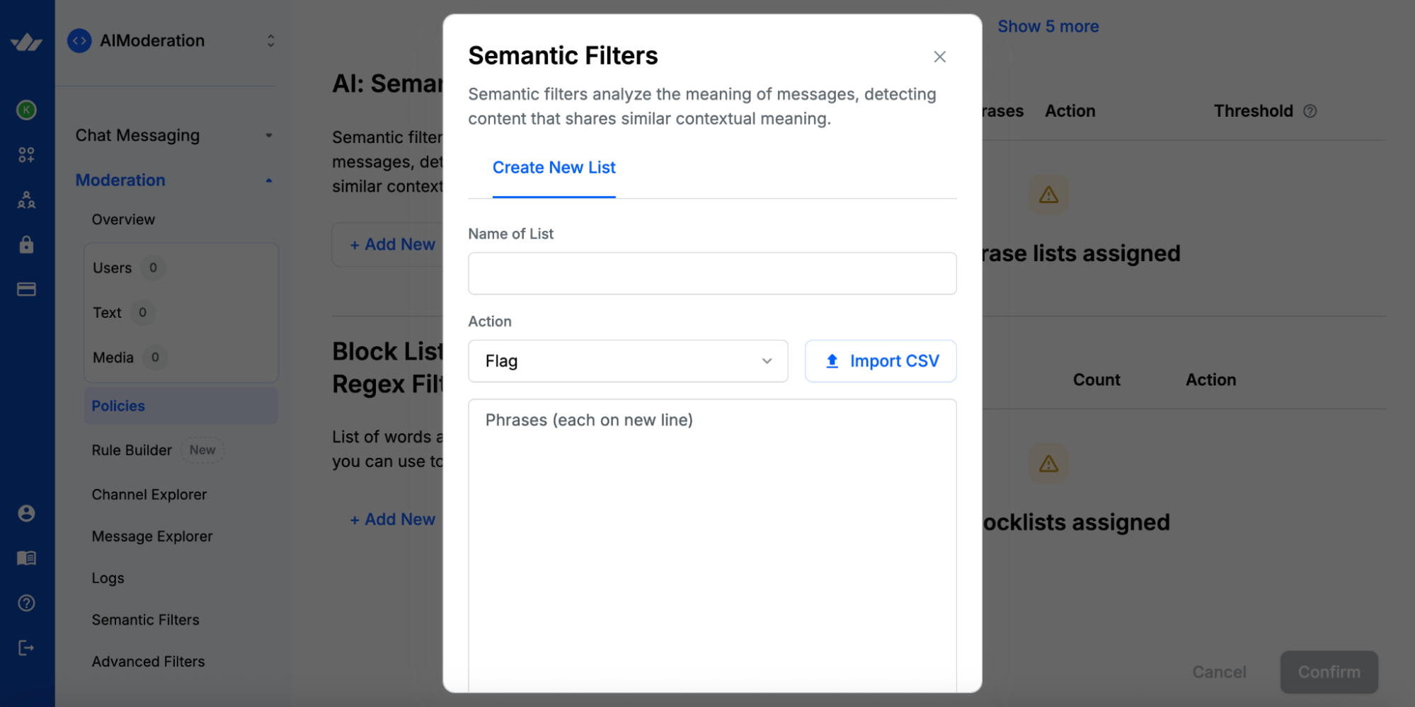 The Semantic Filters section of Stream's Moderation dashboard