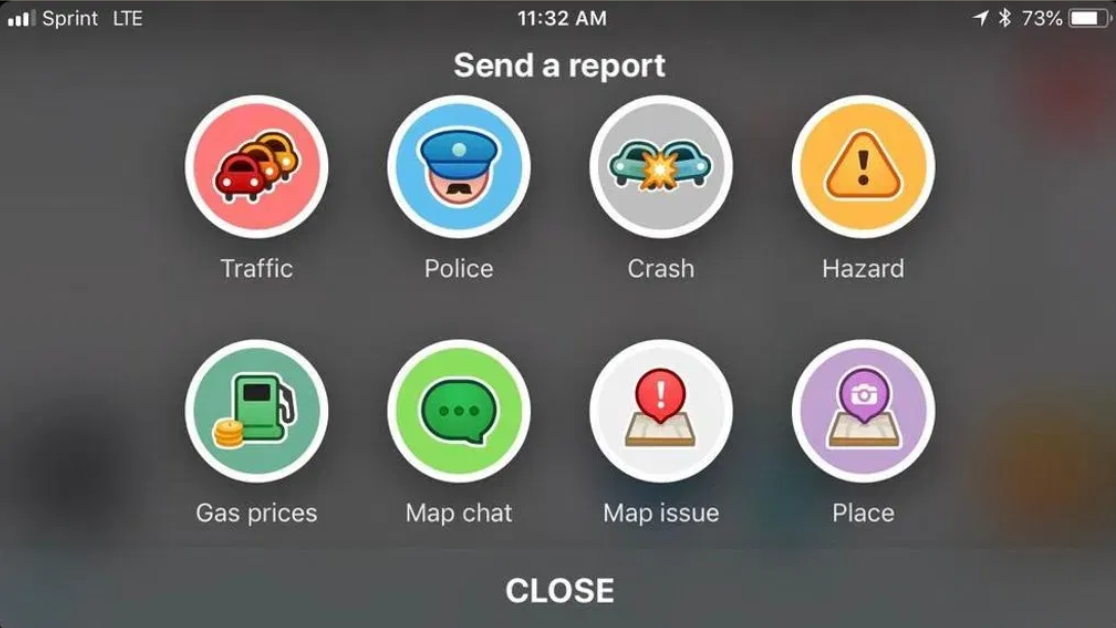 Screenshot of Waze send a report feature