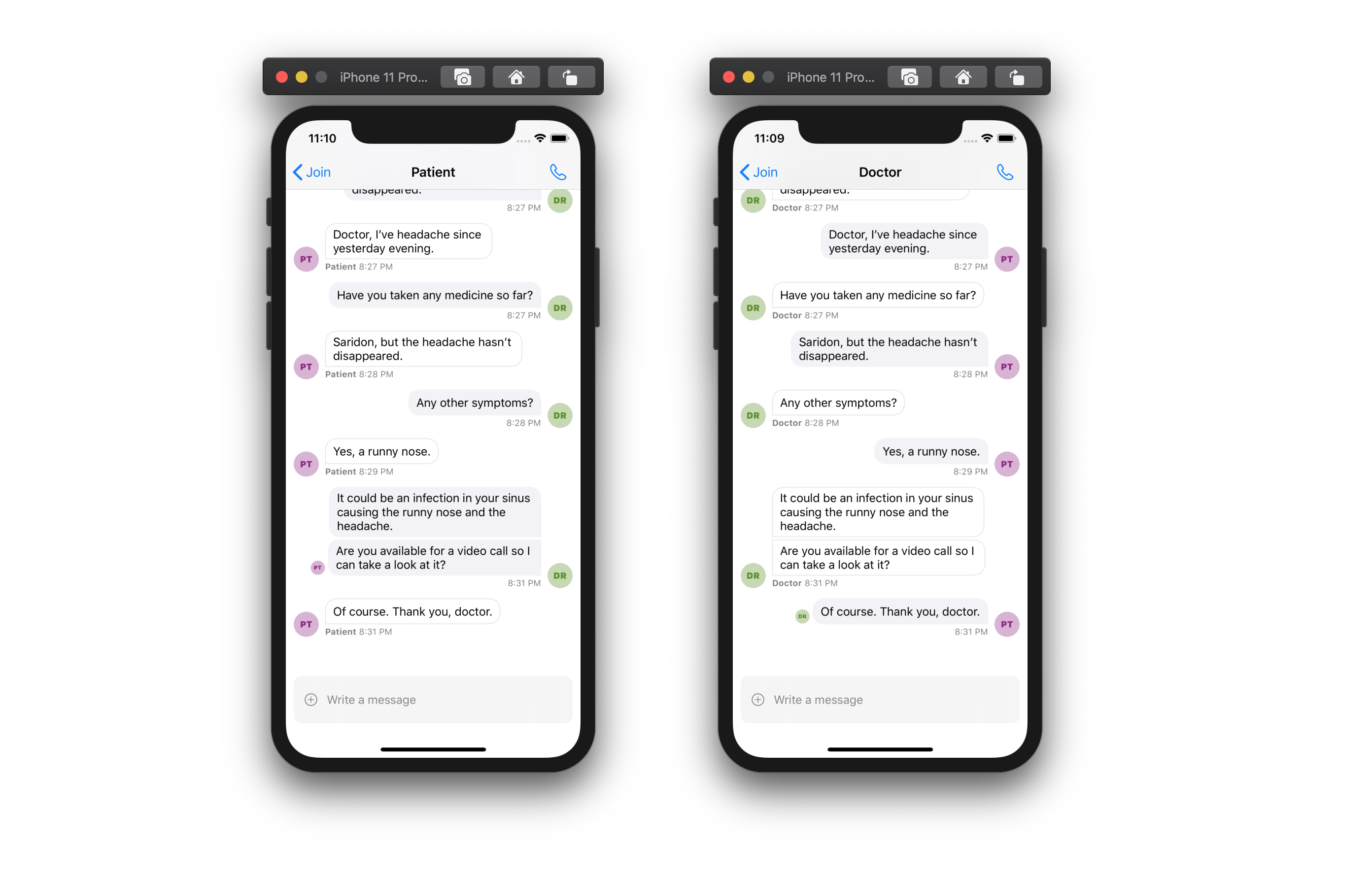 Image shows two screenshots of a conversation in a chat screen, one from the perspective of the patient, and the other from the perspective of the doctor