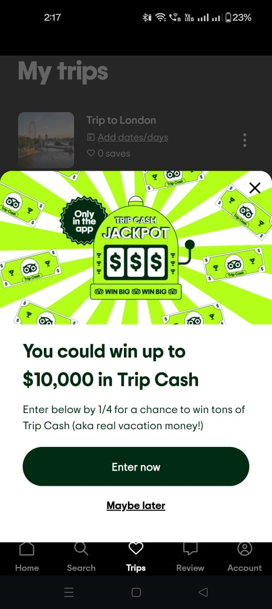 Full-screen pop-up promoting Tripadvisor's Trip Cash Jackpot