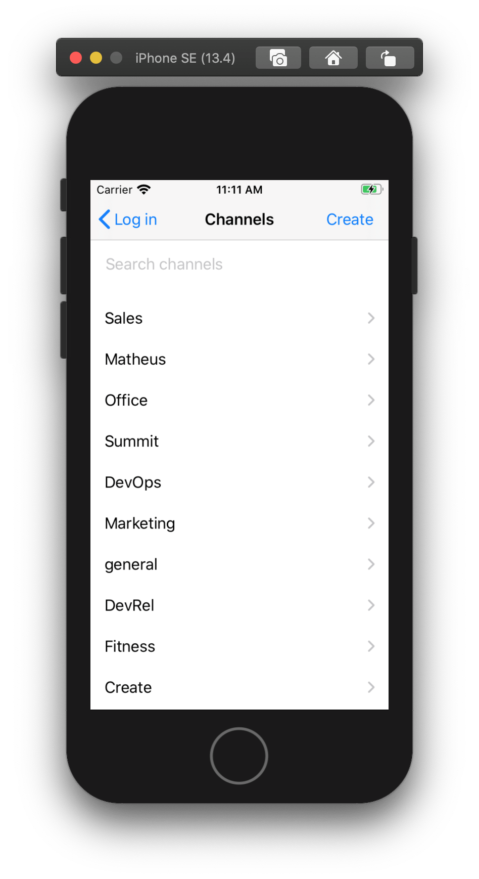 Screenshot shows a simple channels screen running on the iPhone simulator