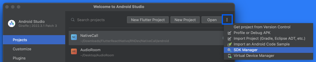 Select SDK manager in Android Studio