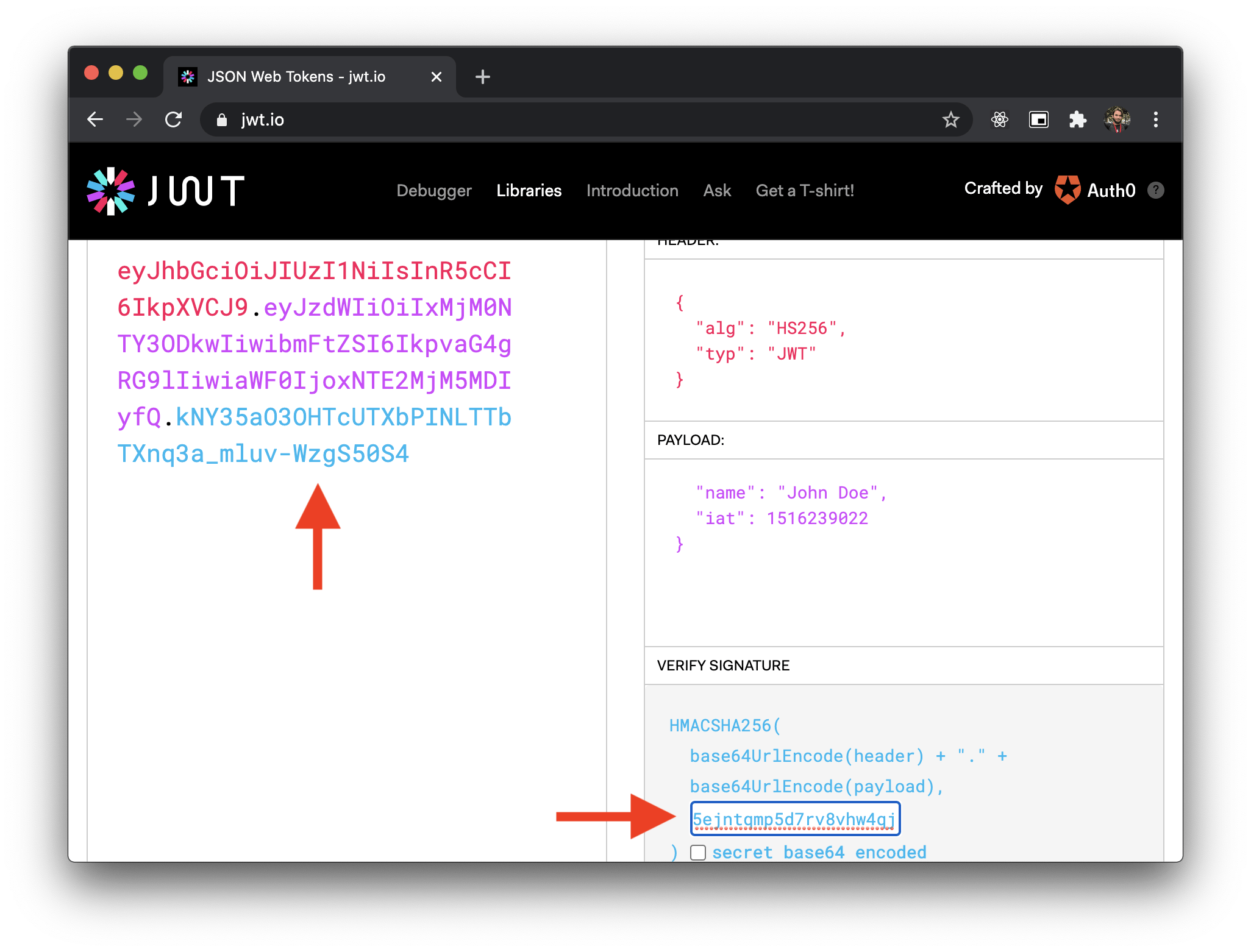 Image shows JWT.io website with arrows pointing to the generated JWT and the text field where the secret is pasted