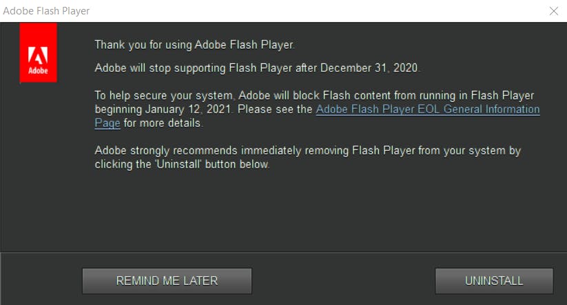 screenshot of adobe flash player eol message - reminder to uninstall flash player