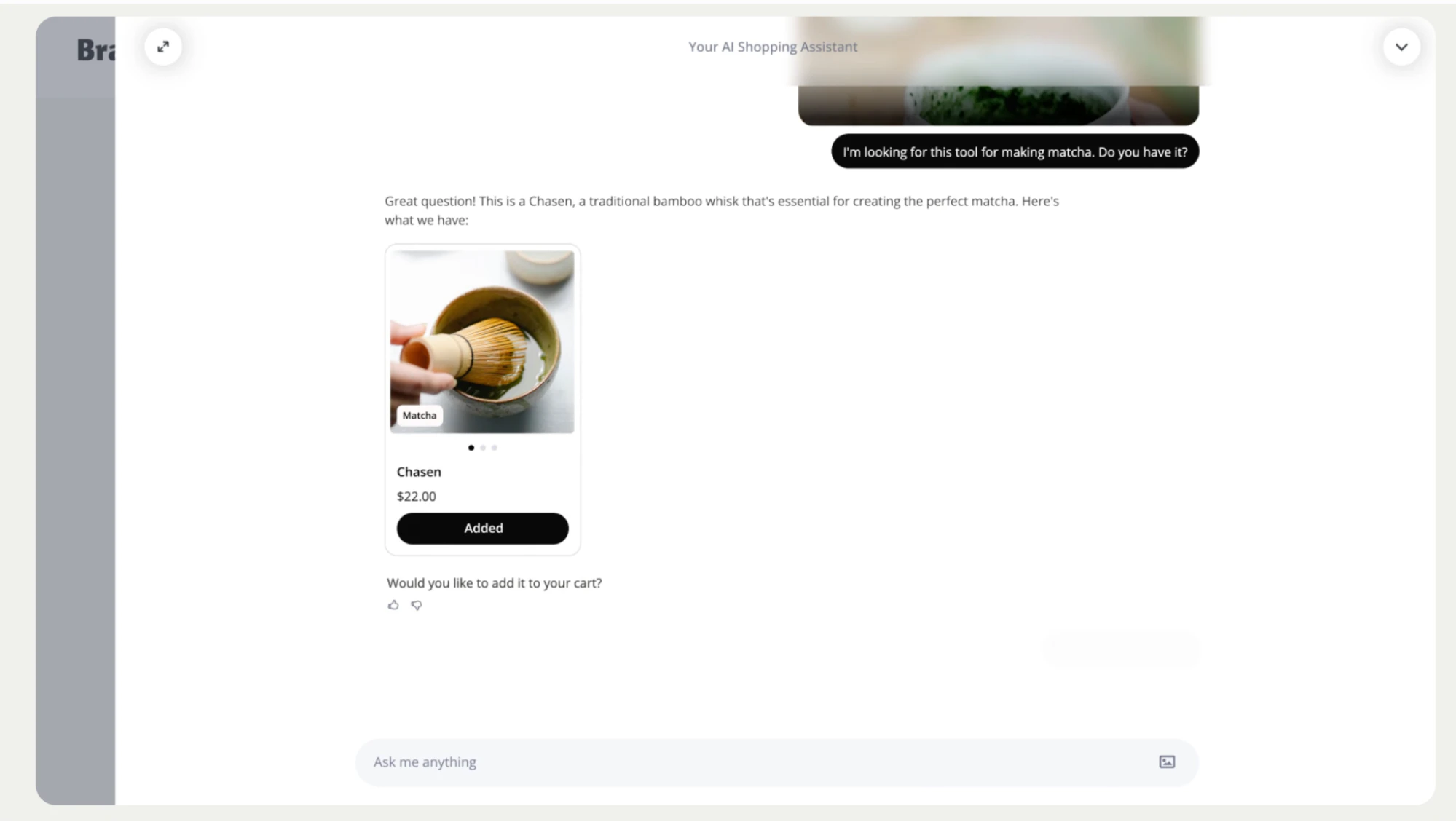 AI shopping assistant identifying a matcha whisk and offering it for purchase