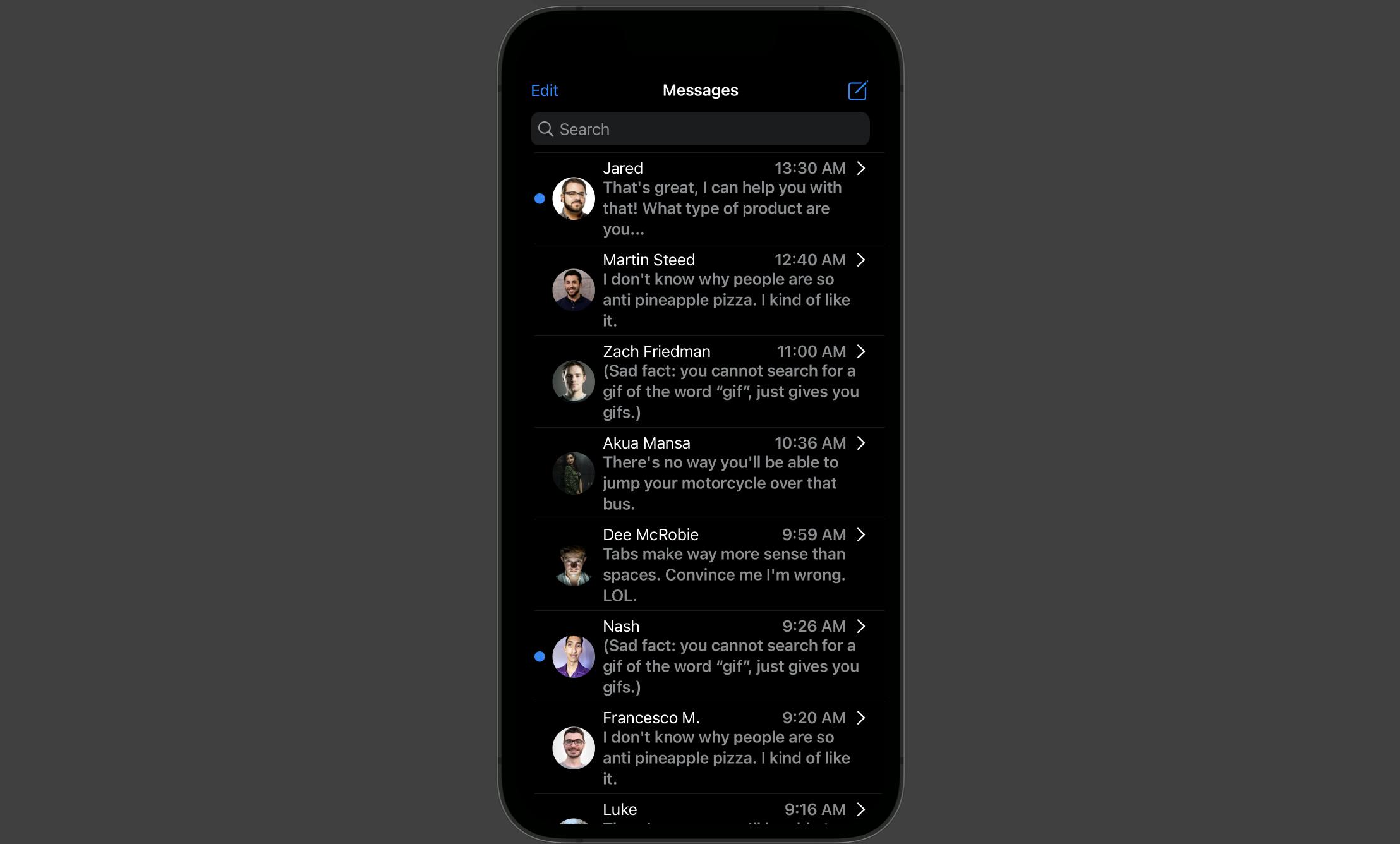 Image of the final iMessage Contacts List clone
