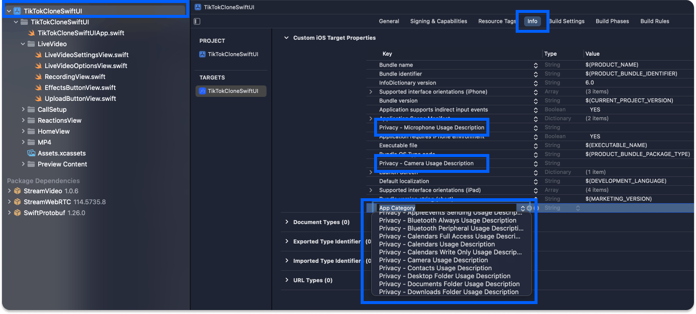 An image showing camera and microphone privacy settings in Xcode