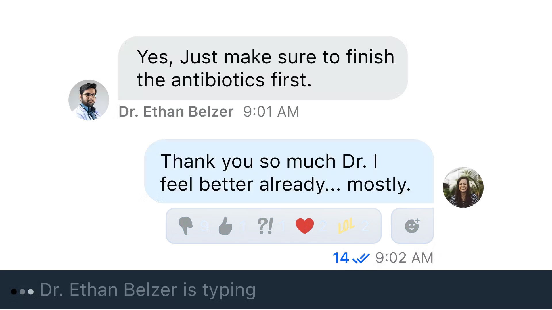 Example chat message in a telehealth app
