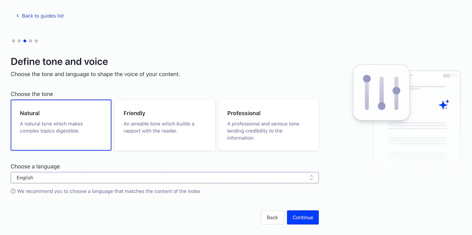 Interface for selecting natural, friendly, or professional tones for an AI agent