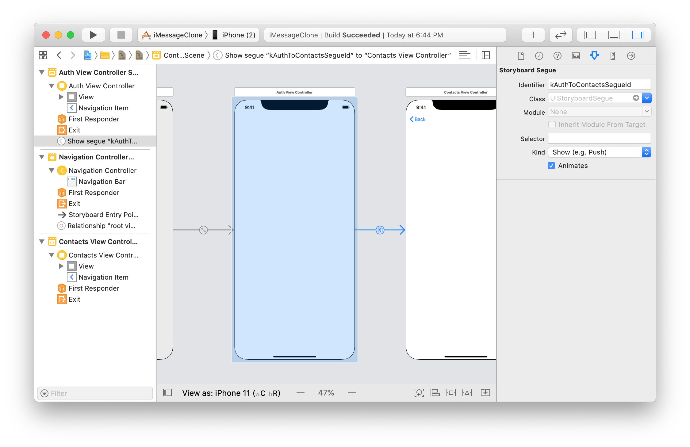 Storyboard with the auth screen with a segue to the contacts screen