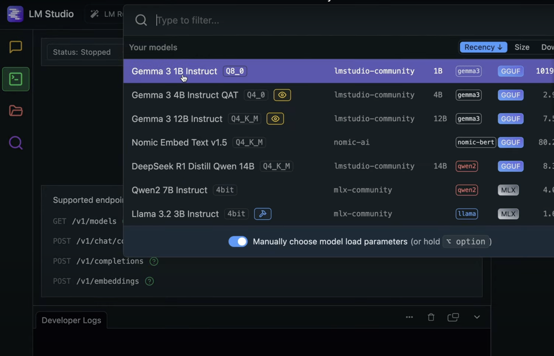 Local server tab in LM Studio