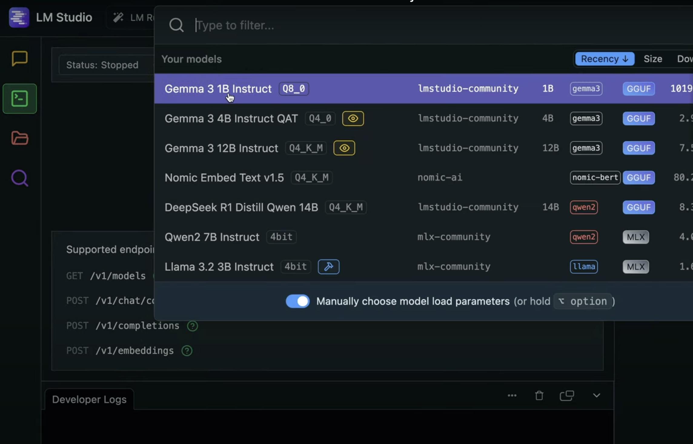 Local server tab in LM Studio
