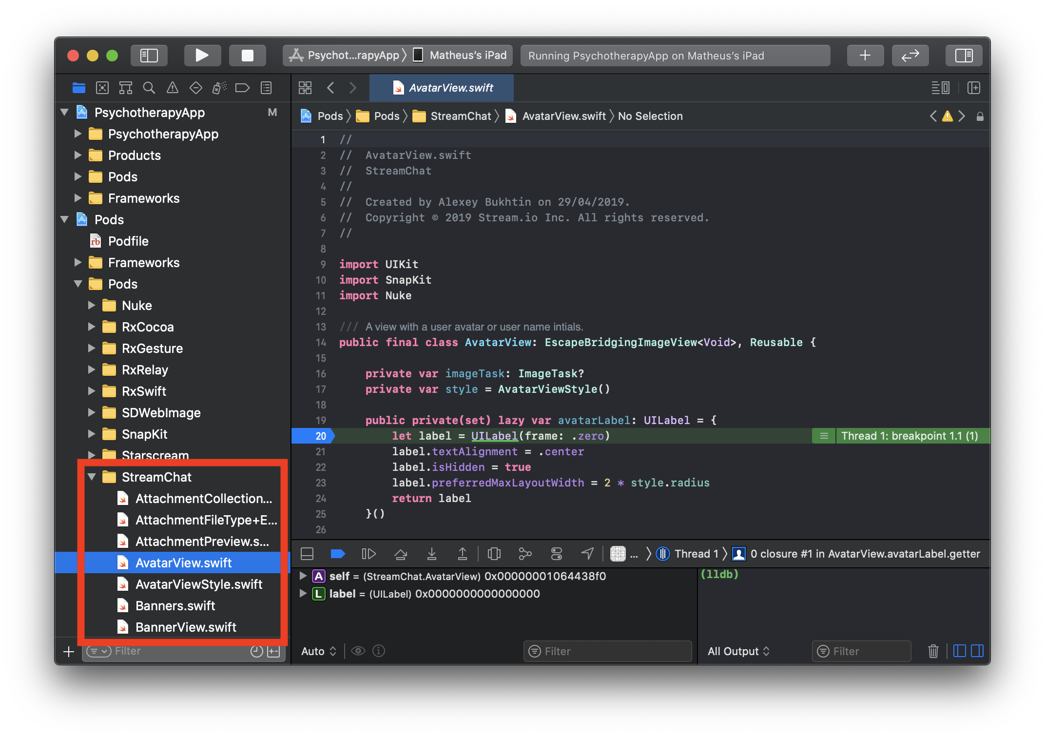 Image shows an Xcode window browsing and debugging code inside a dependency