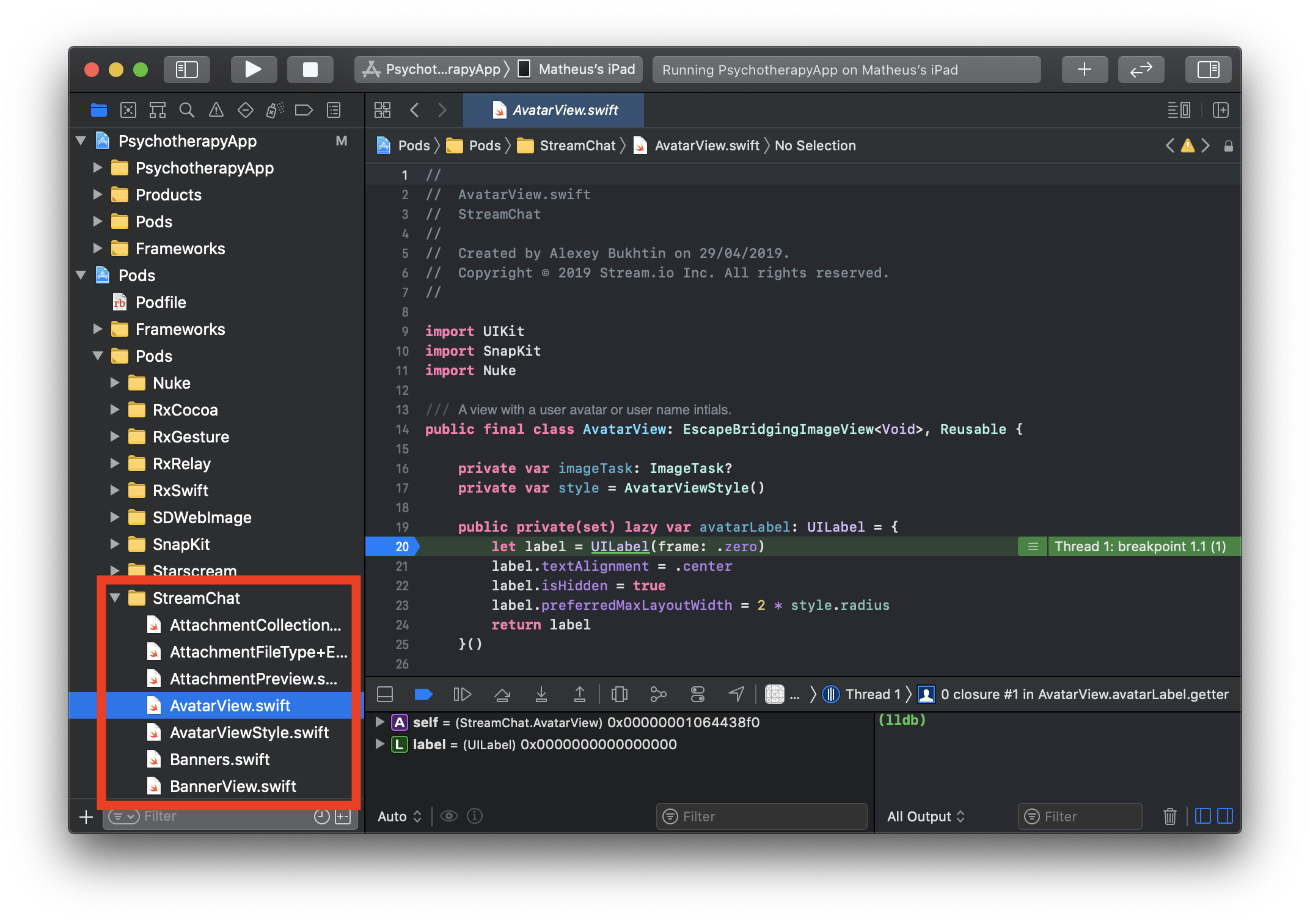 Image shows an Xcode window browsing and debugging code inside a dependency