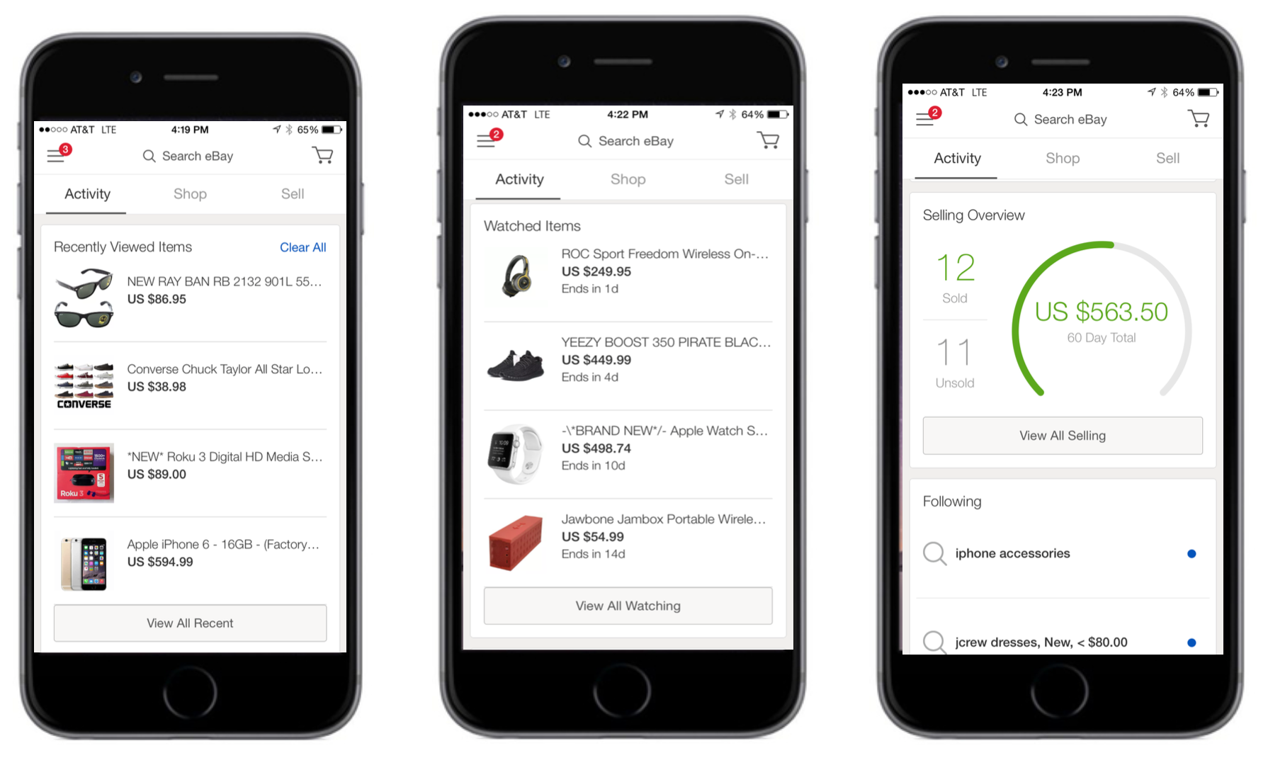 eBay mobile app showing search results and live auction items with prices and bidding options.
