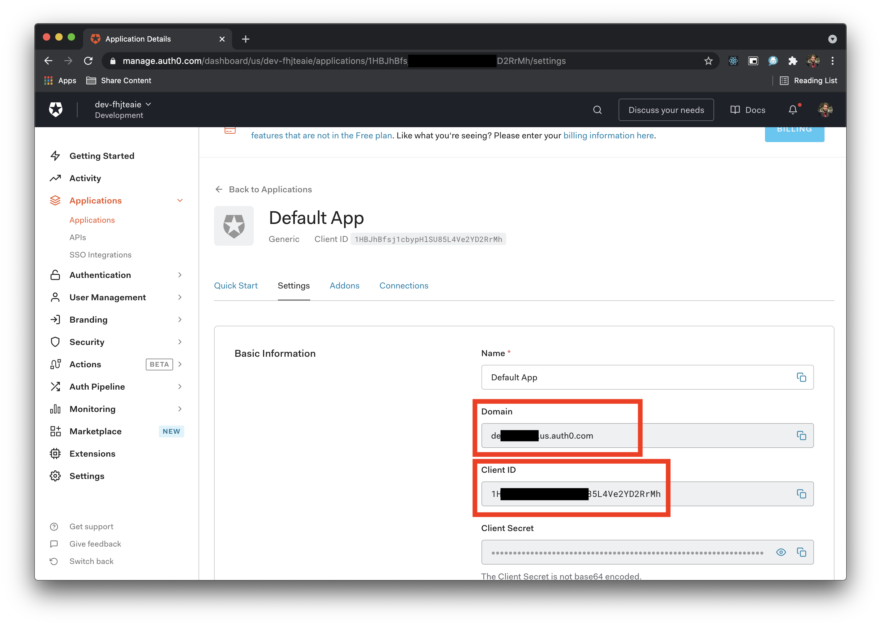 Image shows Domain and Client ID in Auth0 dashboard