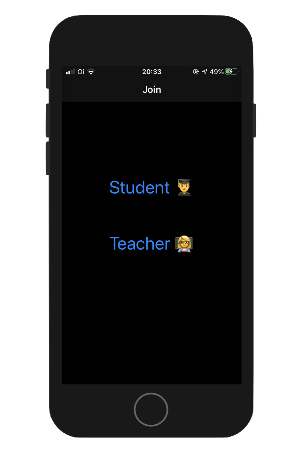 Screenshot shows an app with two buttons, one to join as a student, and the other to participate as the teacher
