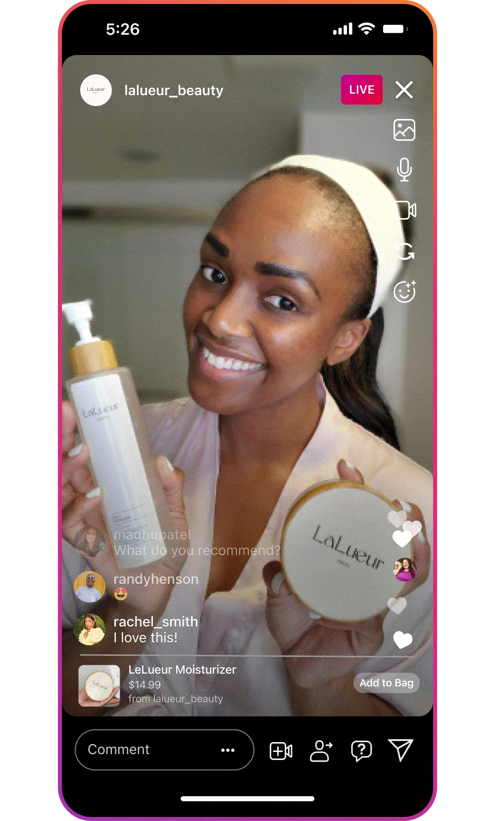An Instagram Live session featuring a creator promoting beauty products with viewer comments appearing in real time