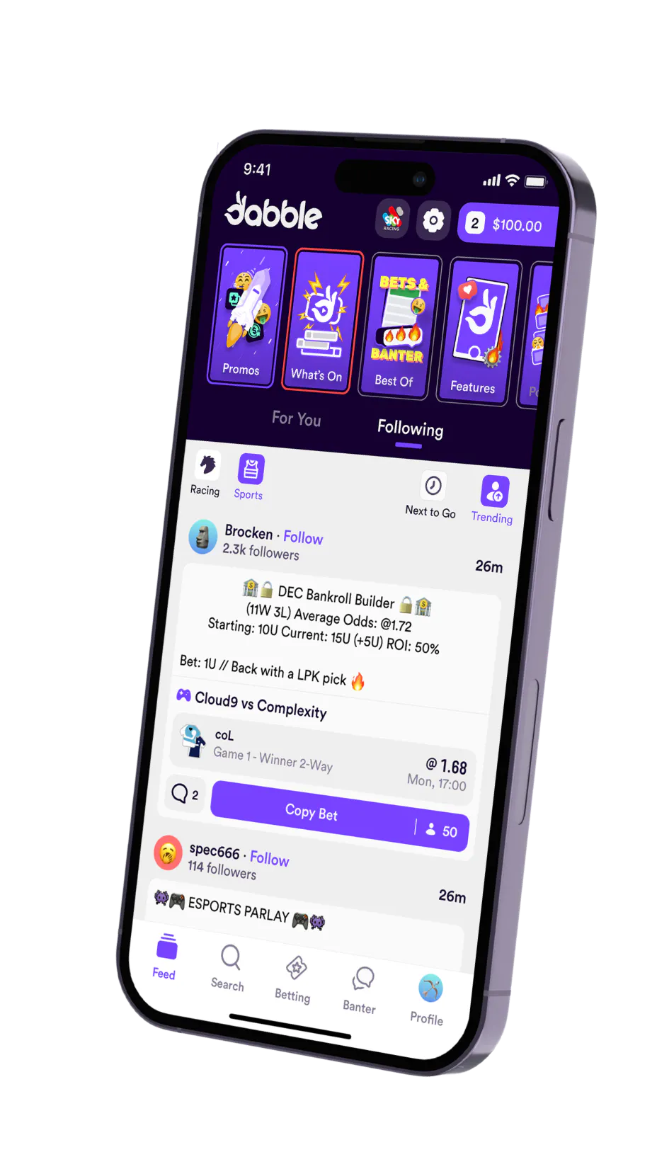 Dabble social features for betting