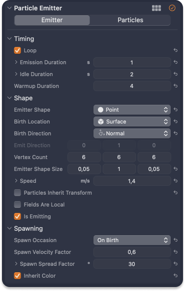 Particle Emitter settings