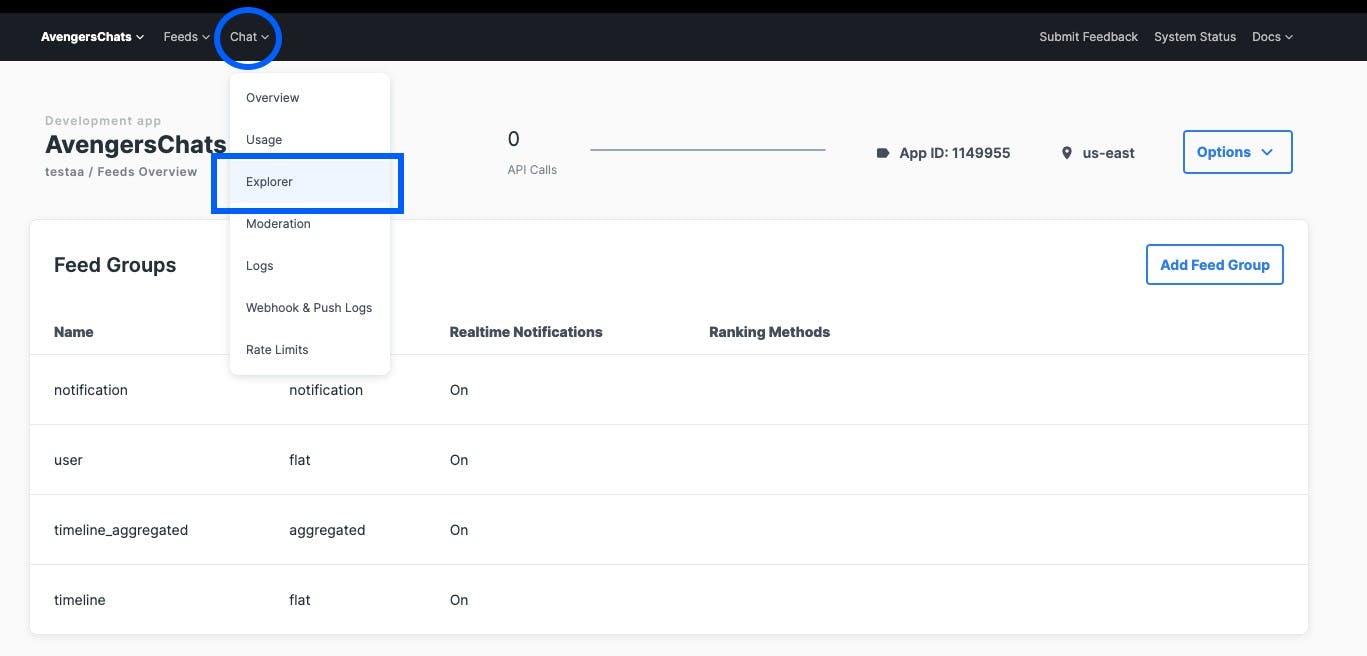 Stream Chat dashboard explorer dropdown