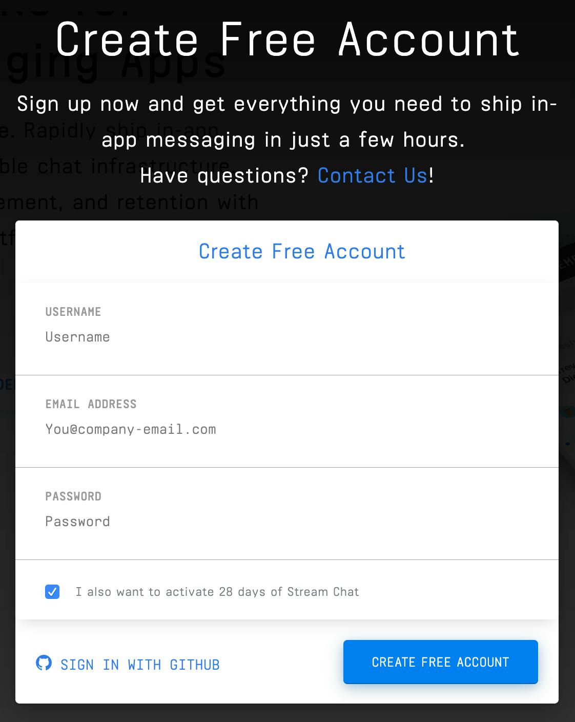 Screenshot of Stream Account Creation Modal