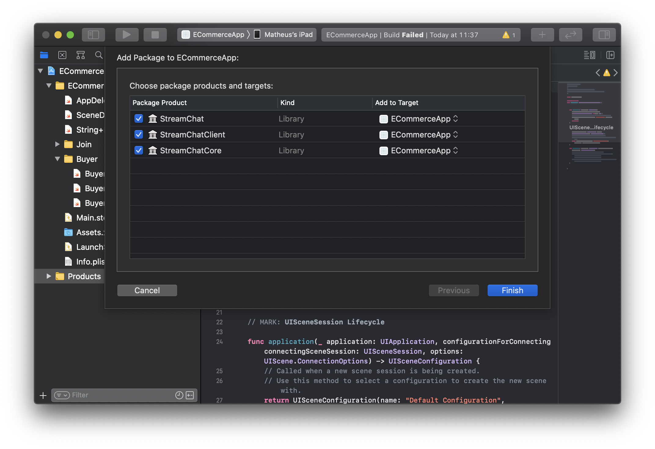 Screenshot shows an Xcode screen with dependency targets to be selected