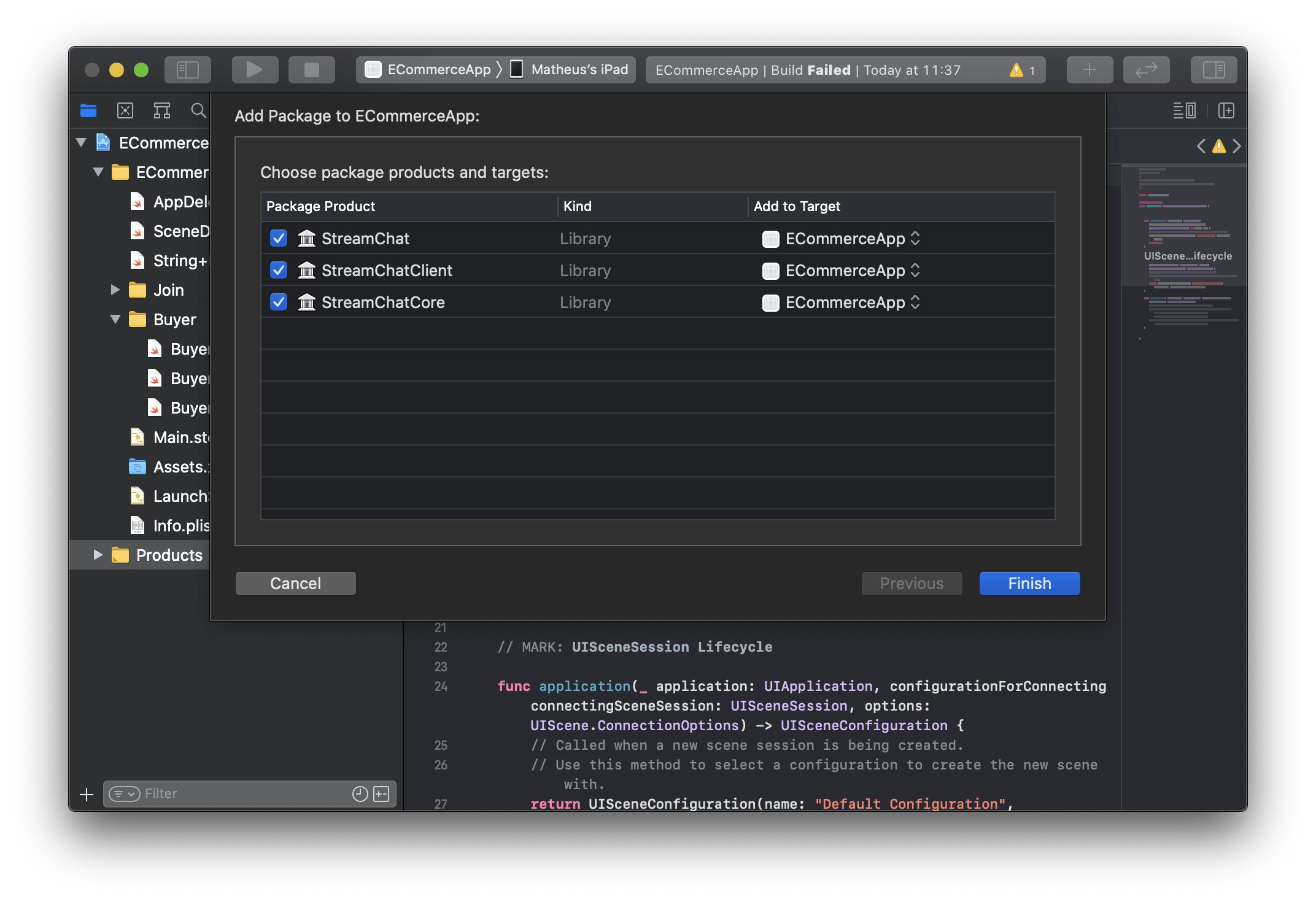 Screenshot shows an Xcode screen with dependency targets to be selected