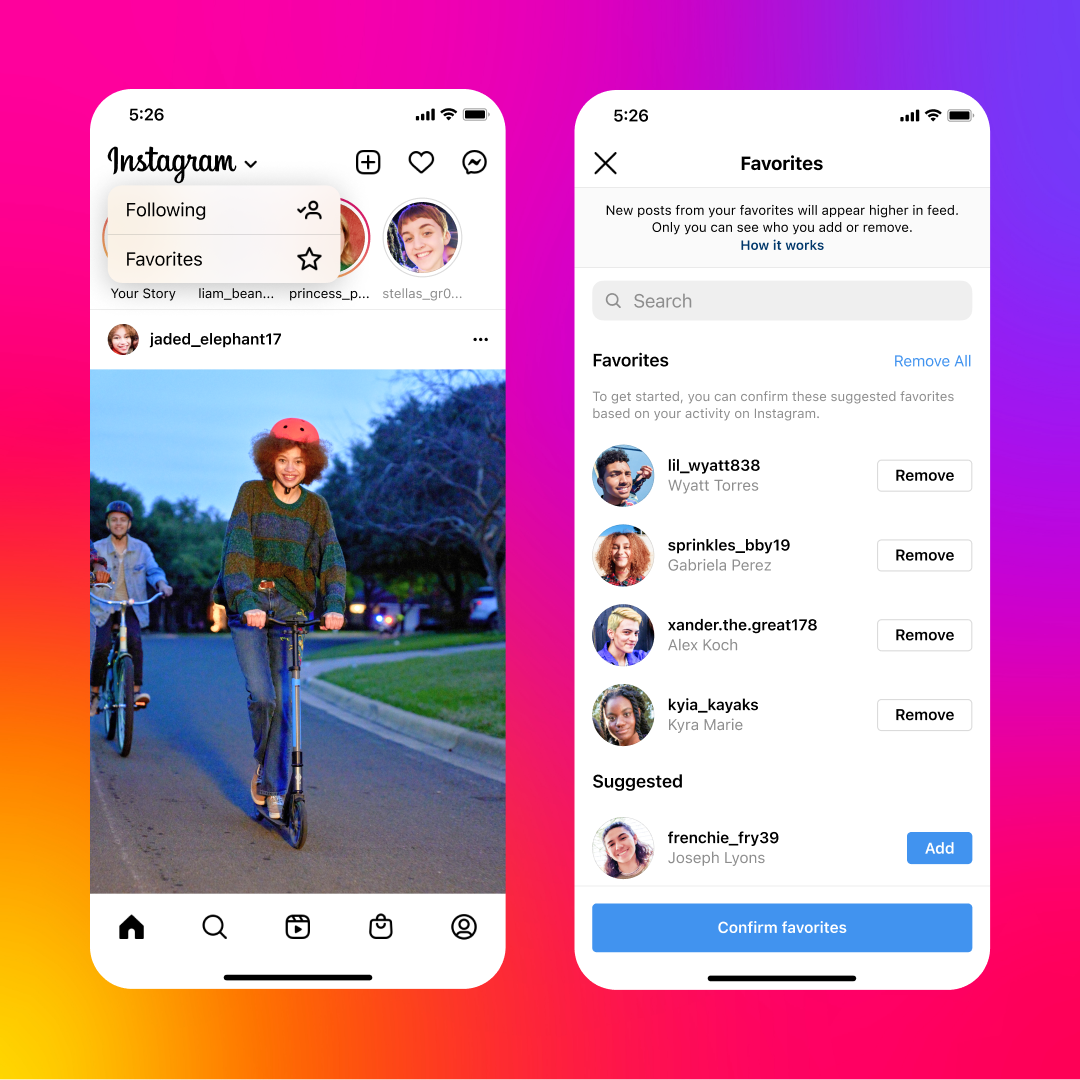 Following and favorites activity feeds on instagram