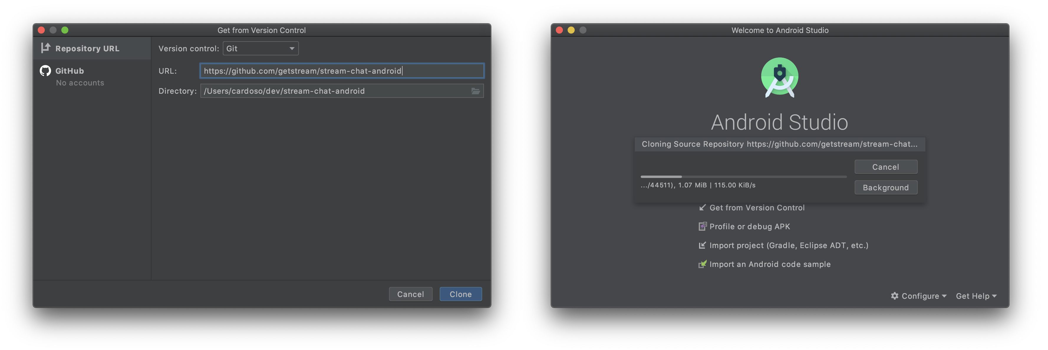 choose repository github android studio