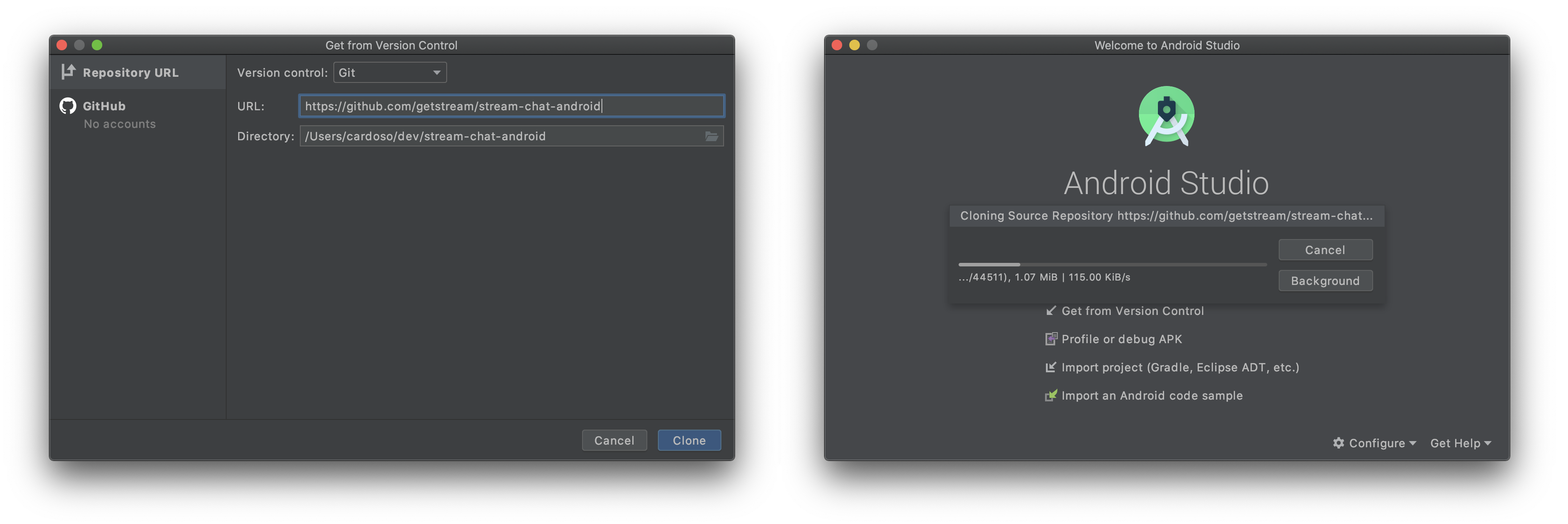 Image shows two Android Studio screens. One for typing the git repository URL and the other loading it as a project.