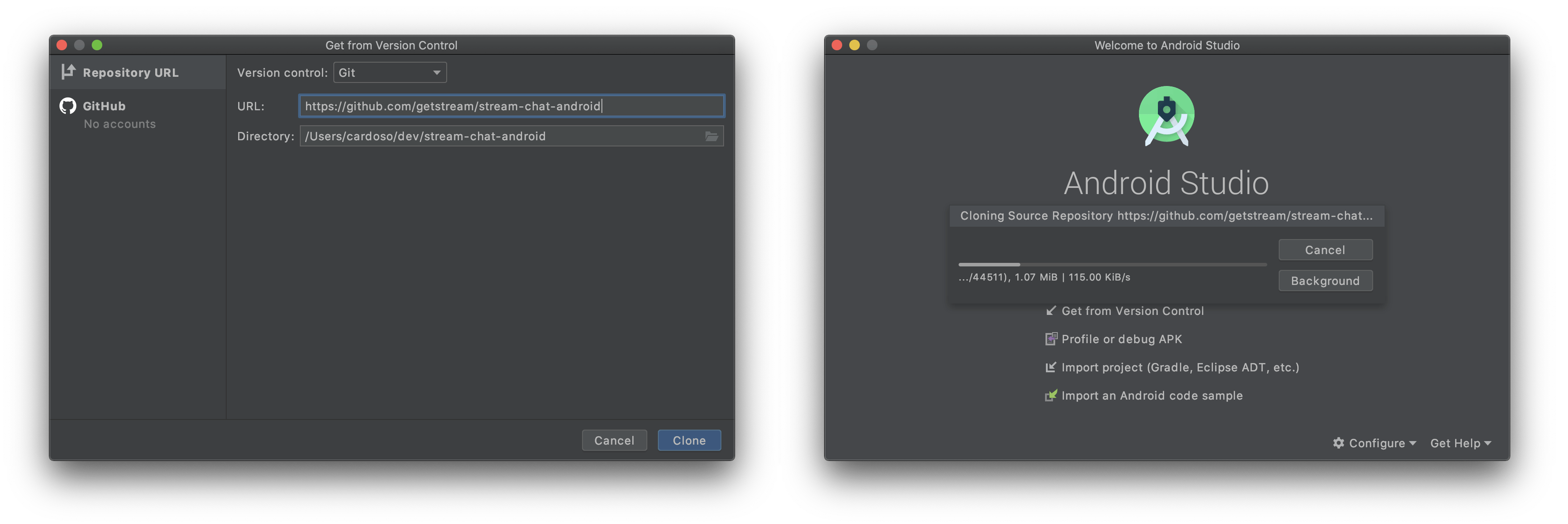 Image shows two Android Studio screens. One for typing the git repository URL and the other loading it as a project.
