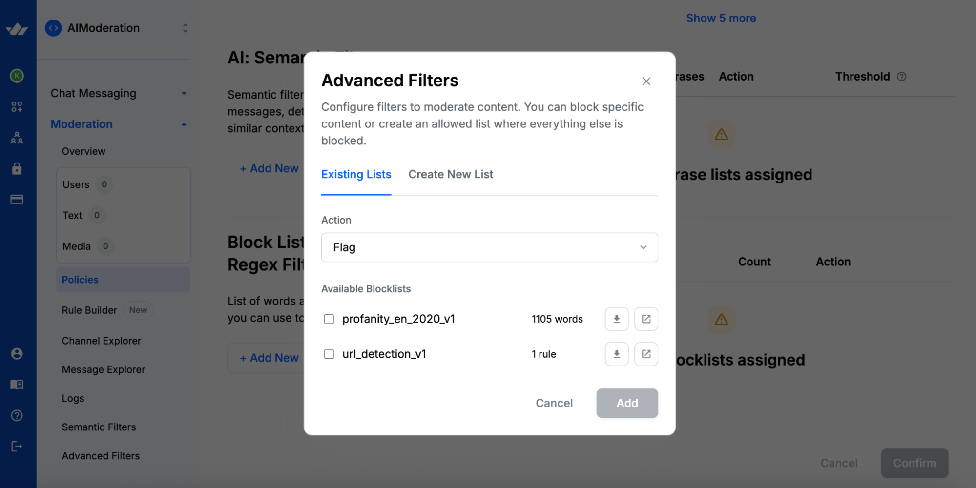 The Blocklists and Regex Filters section of Stream's Moderation dashboard
