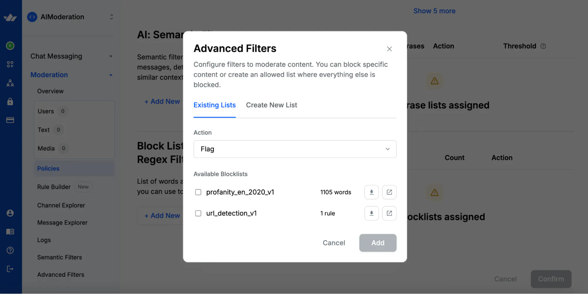 The Blocklists and Regex Filters section of Stream's Moderation dashboard