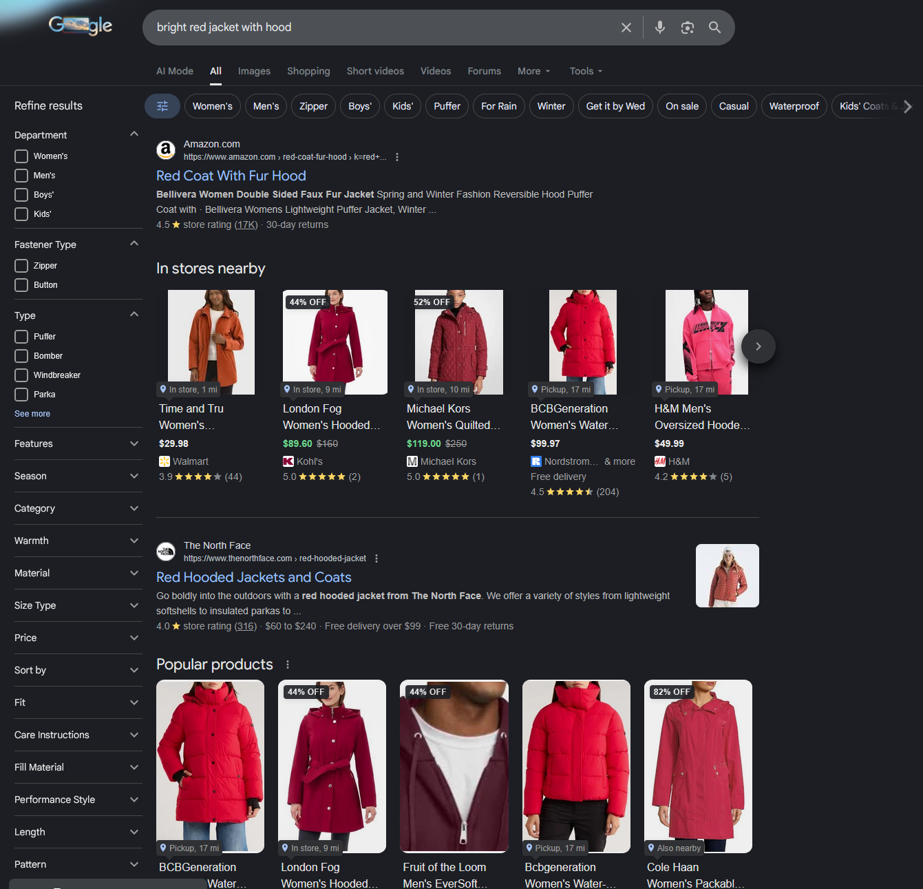 Text search results for red jacket on Google