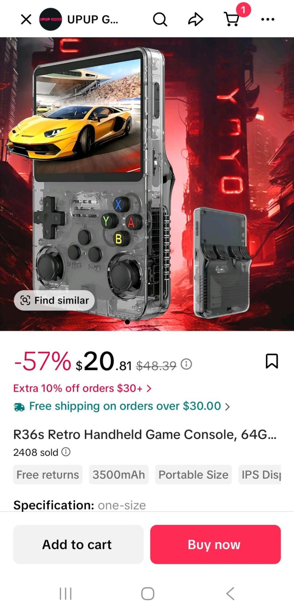 A screenshot of a TikTok Live Shopping product card for a retro handheld device