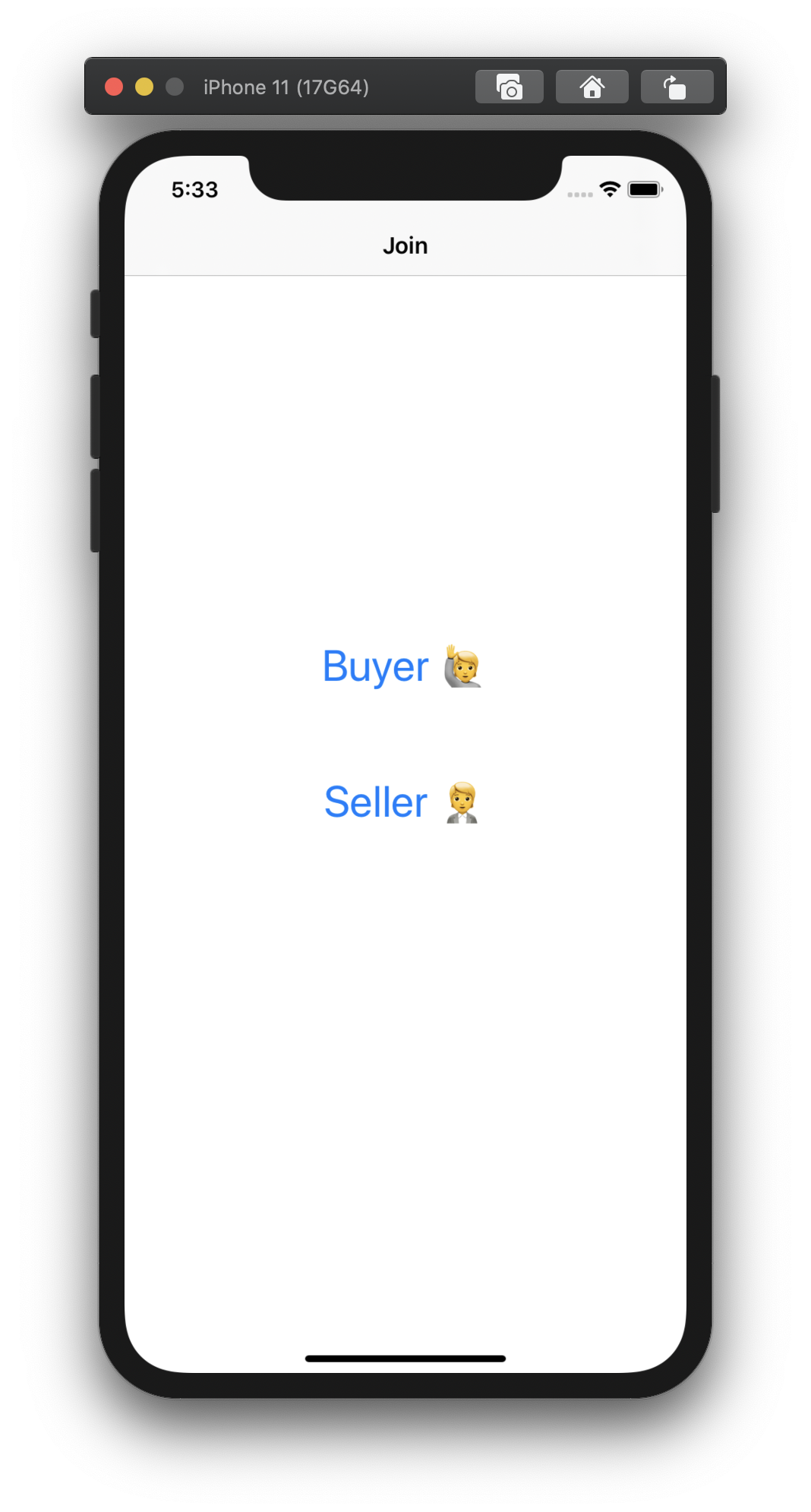 Screenshot shows an app with two buttons, one to join as a buyer, and the other to join as the seller