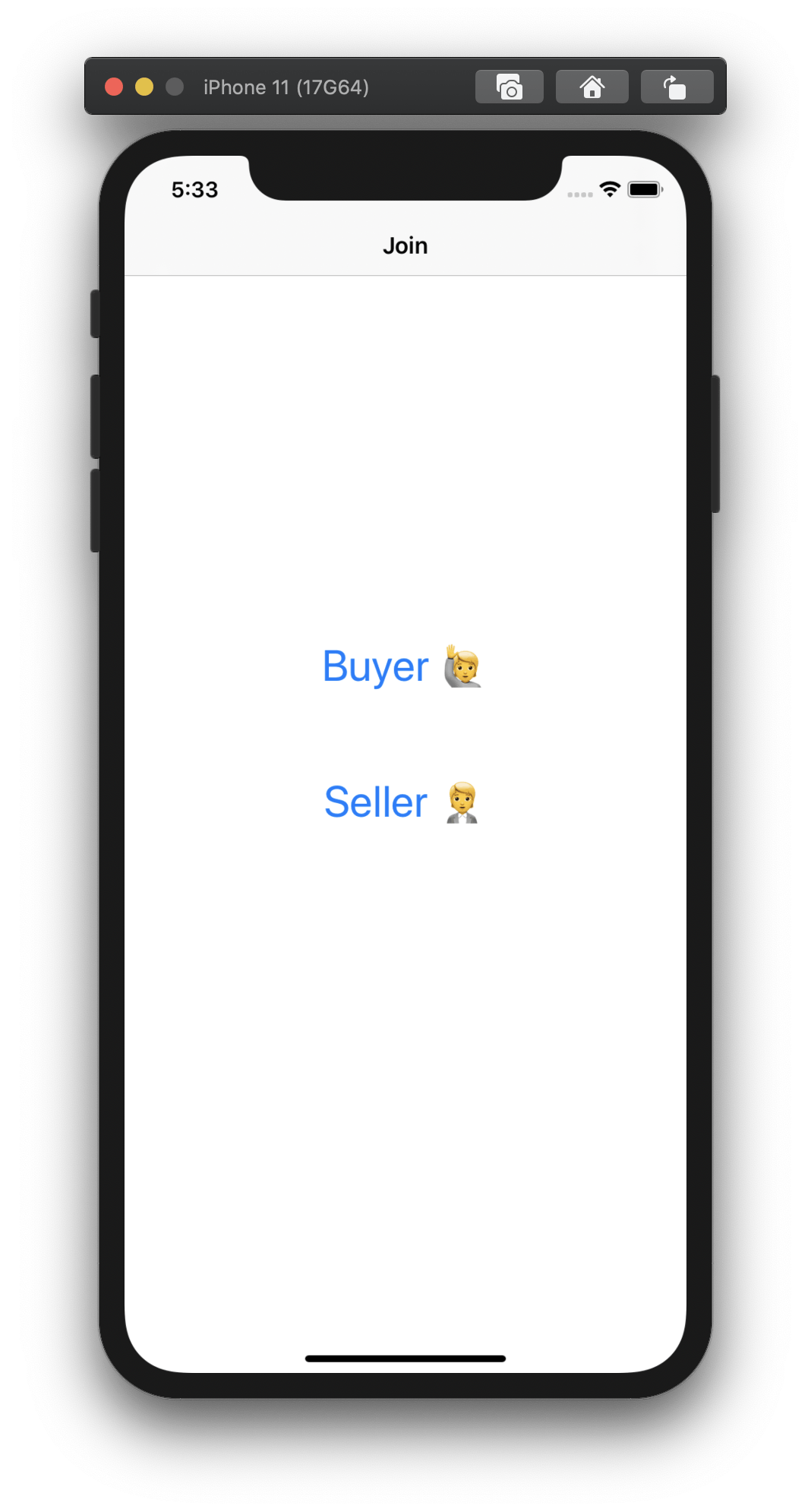 Screenshot shows an app with two buttons, one to join as a buyer, and the other to join as the seller