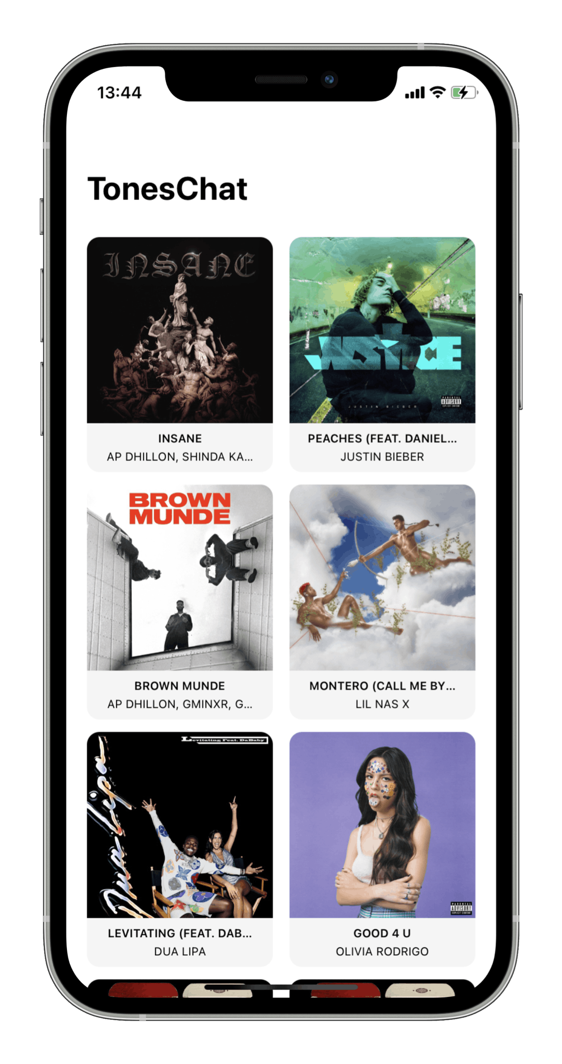 Image shows an iPhone screen with song covers and a TonesChat header
