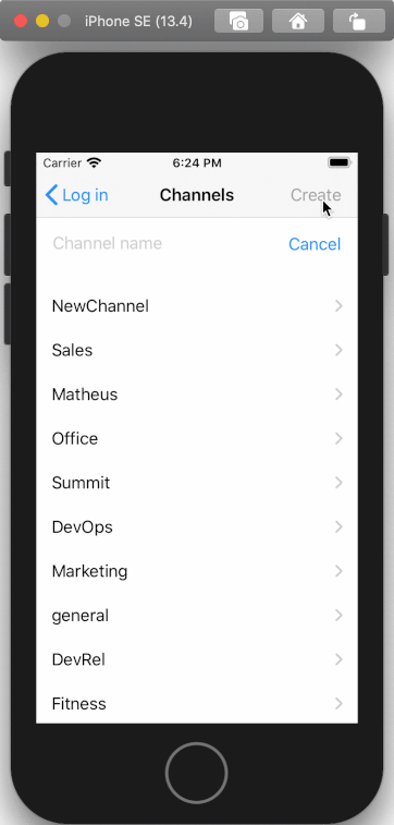 Animation shows a channels screen. User creates then searches a channel.