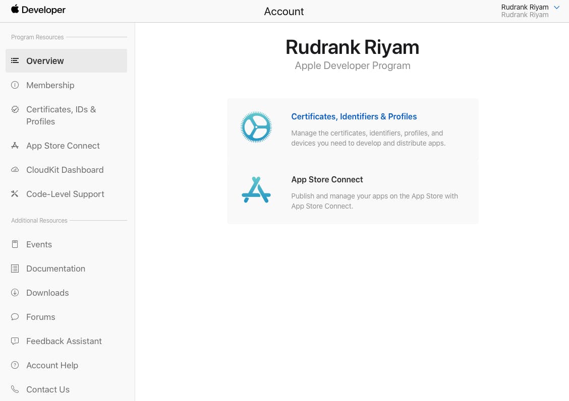 Image shows the account section on the apple developer website