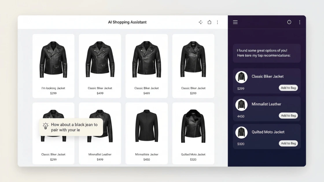 AI shopping assistant interface showing leather jacket recommendations and personalized product suggestions